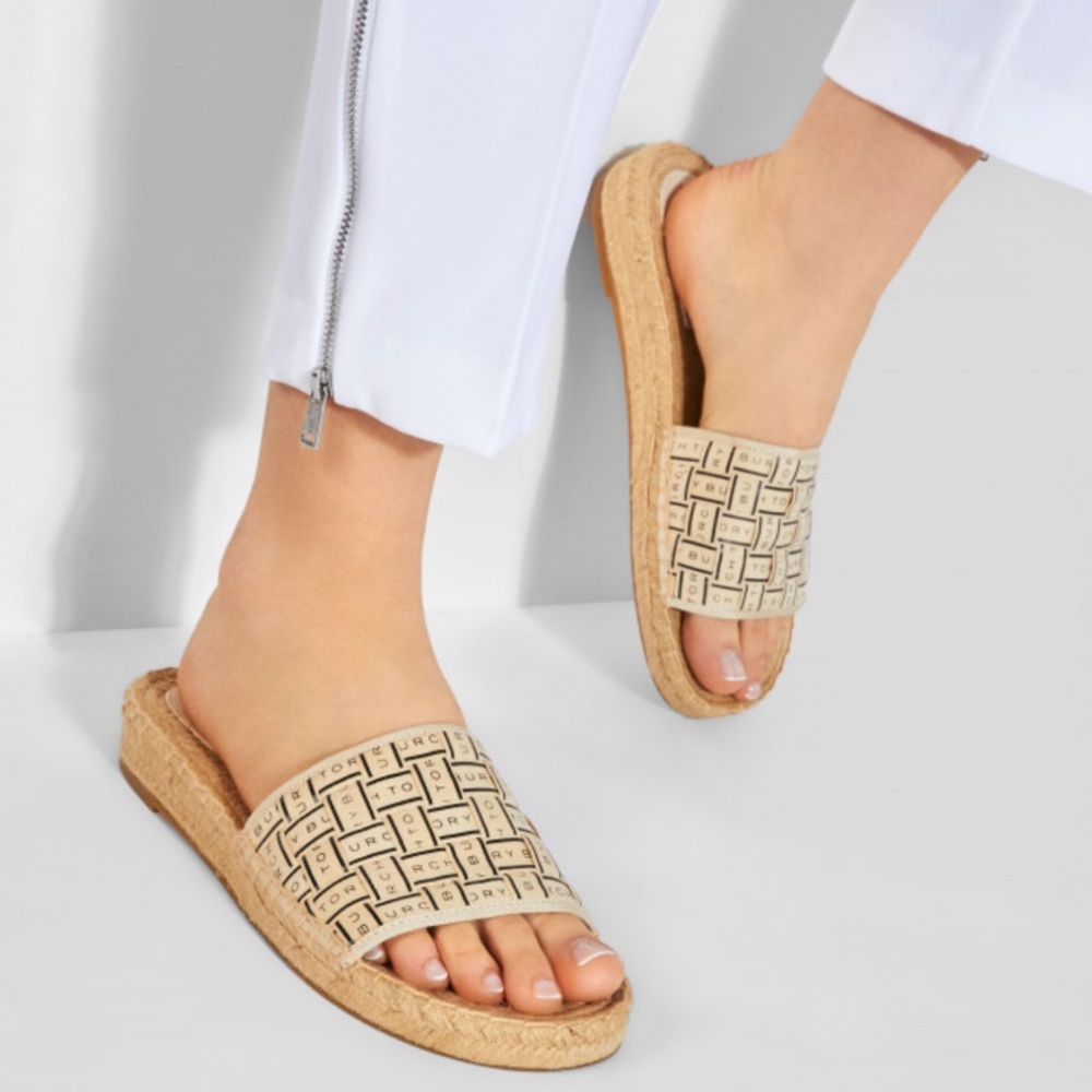 TORY BURCH Ribbon Espadrille slide Cream/ perfect black size 8.5